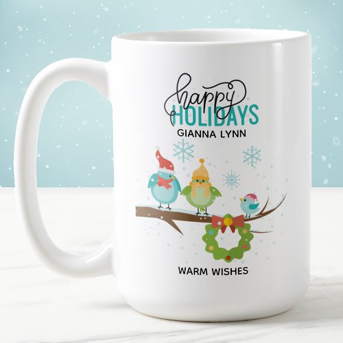 Winter Birds Happy Holidays Personalized Coffee Mug