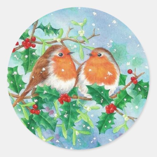 Winter Birds  Holly Berries In Falling Snow  Classic Round Sticker