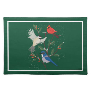 Winter Birds Holly Holiday Forest Green Cloth Placemat