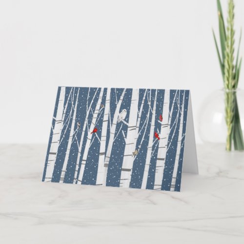 Winter Birds in Birch Forest Holiday Card