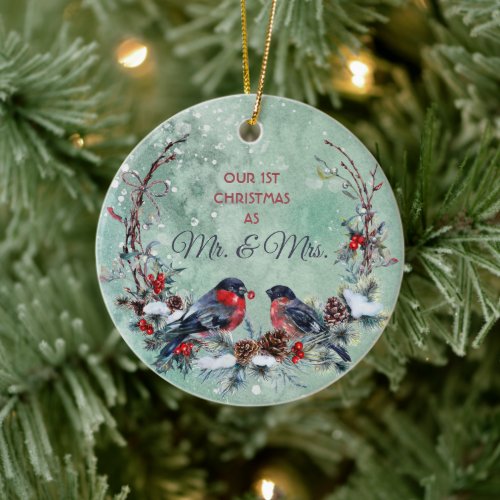 Winter Birds Mr  Mrs Photo Template Ceramic Ornament