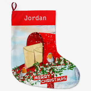 Winter Birds on Snowy Red Post Box Personalized Large Christmas Stocking