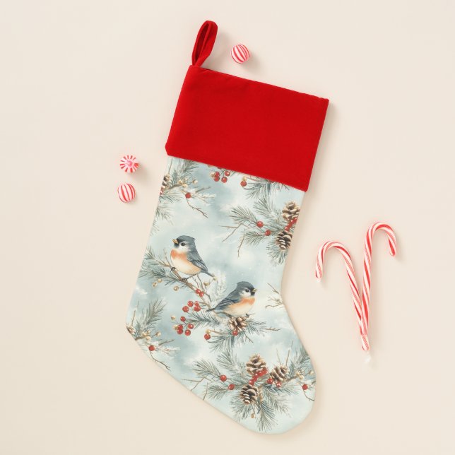 Winter Birds Pattern with Pinecones and Snow Christmas Stocking (Front)