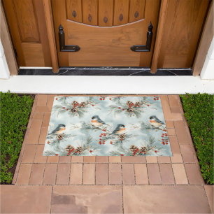 Winter Birds Pattern with Pinecones and Snow Doormat