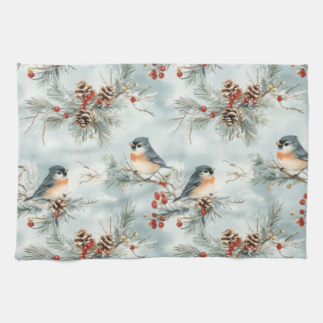 Winter Birds Pattern with Pinecones and Snow Kitchen Towel (Horizontal)