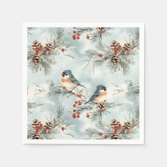 Winter Birds Pattern with Pinecones and Snow Napkins (Front)