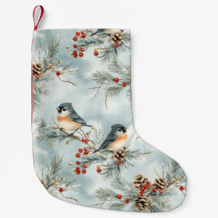 Winter Birds Pattern with Pinecones and Snow Small Christmas Stocking