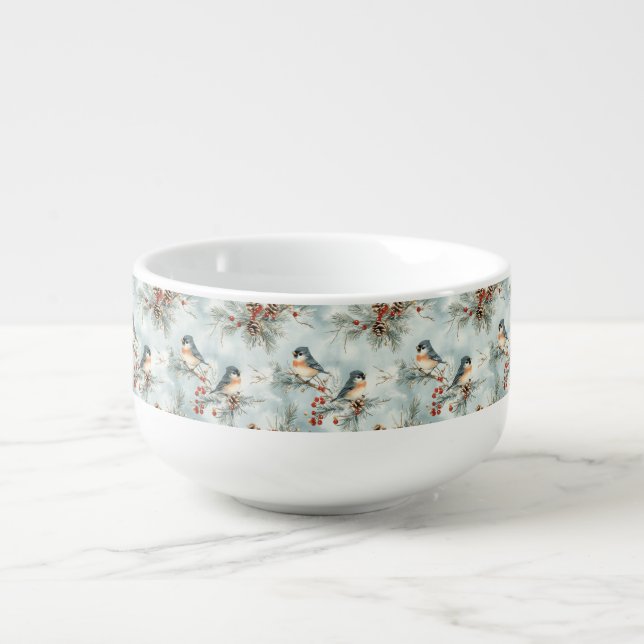 Winter Birds Pattern with Pinecones and Snow Soup Mug (Front)