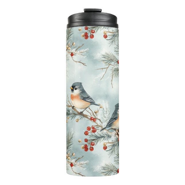 Winter Birds Pattern with Pinecones and Snow Thermal Tumbler (Front)