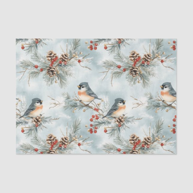 Winter Birds Pattern with Pinecones and Snow Tissue Paper (Front)