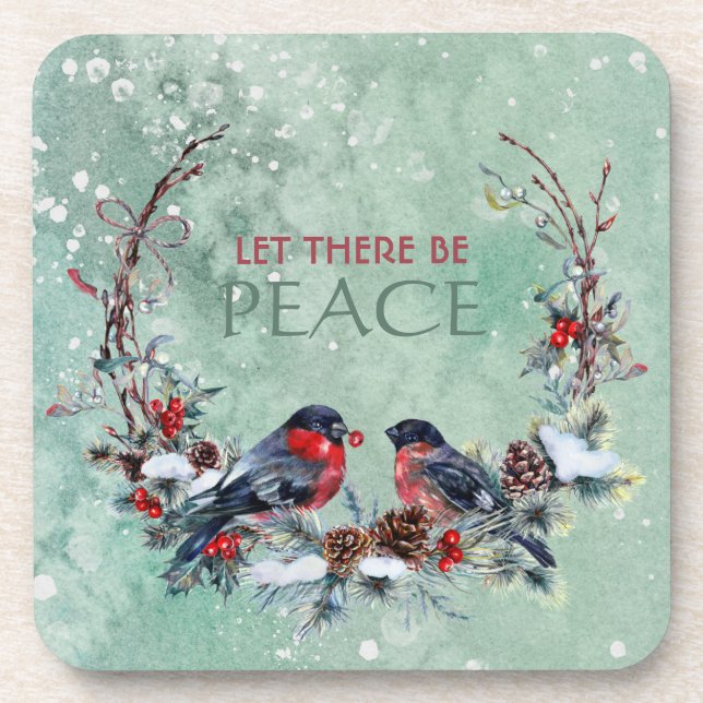 Winter Birds Pine Branch Wreath Christmas Beverage Coaster (Front)