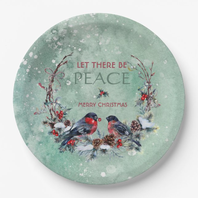 Winter Birds Pine Branch Wreath Christmas Paper Plates (Front)