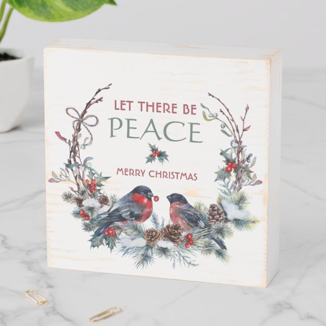 Winter Birds Pine Branch Wreath Christmas Wooden Box Sign (In Situ Horizontal)