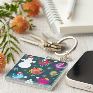 Winter Birds Playing in Snow with Snowman Keychain