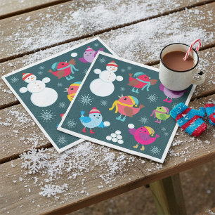 Winter Birds Playing in Snow with Snowman  Napkins