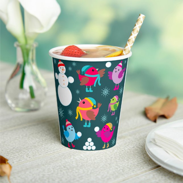 Winter Birds Playing in Snow with Snowman  Paper Cups (Creator Uploaded)