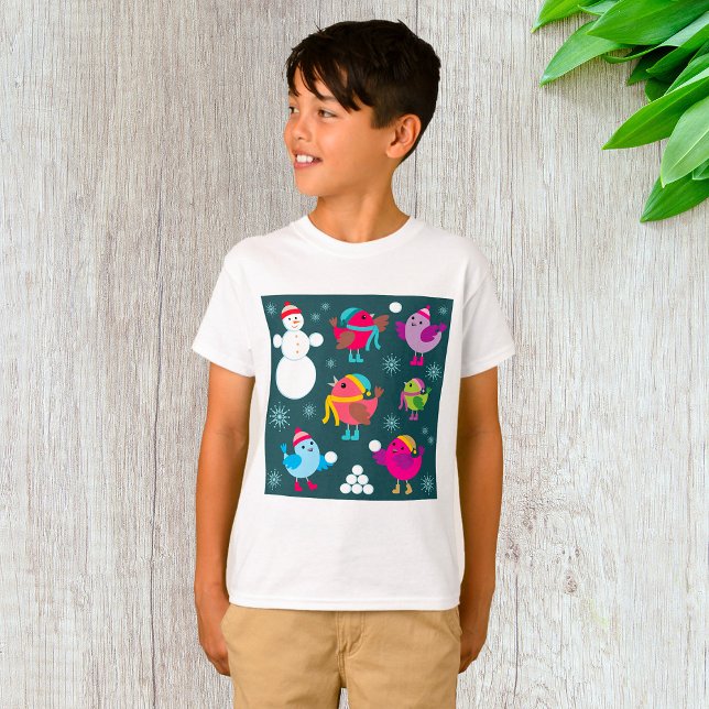 Winter Birds Playing in Snow with Snowman  T-Shirt (Creator Uploaded)