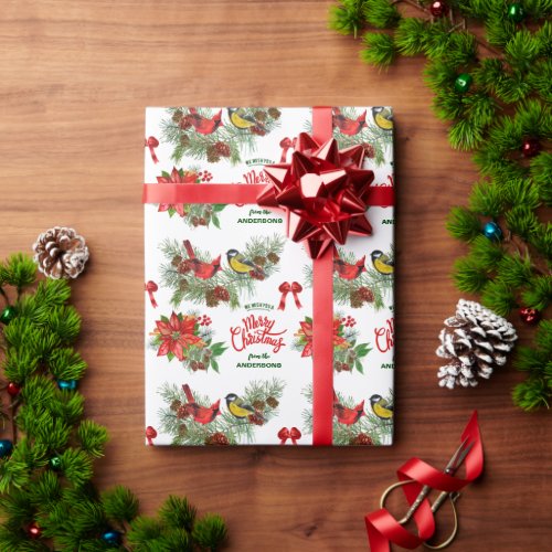 Winter Birds Poinsettia Bouquet Christmas Wrapping Paper