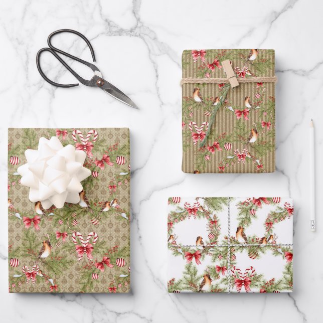 Winter Birds Red Poinsettia Wreath and Ribbons Wrapping Paper Sheets (Front)