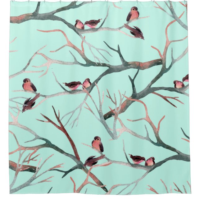 Winter Birds Tree Branches Watercolor Shower Curtain (Front)