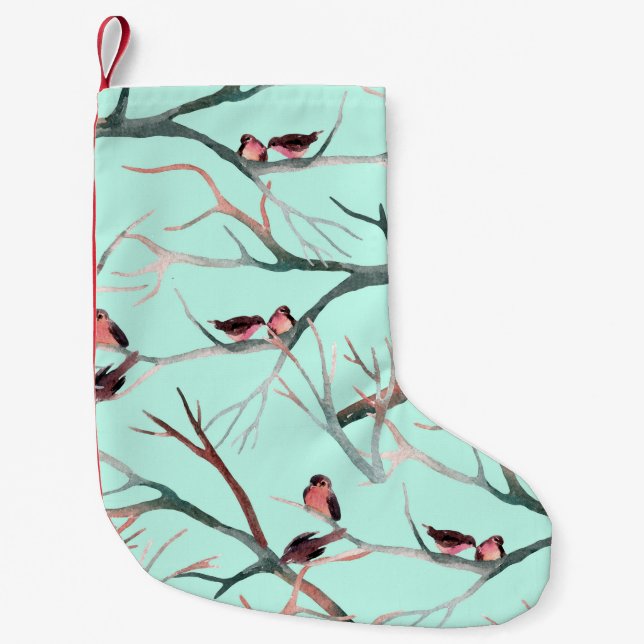 Winter Birds Tree Branches Watercolor Small Christmas Stocking (Front)