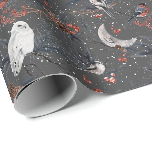 Winter Birds With Snowy Owl Wrapping Paper (Roll Corner)