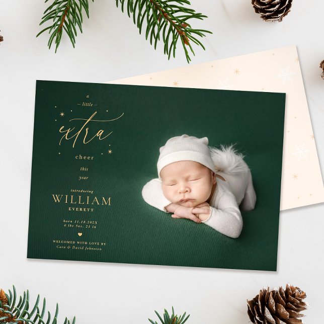 Winter Birth Announcement baby photo holiday card (Extra cheer Christmas Birth announcement photo card flatlay with pinecones and foliage)
