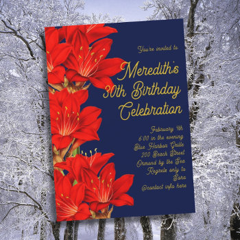 Winter Birthday Amaryllis Flowers Invitation by BlueHyd at Zazzle
