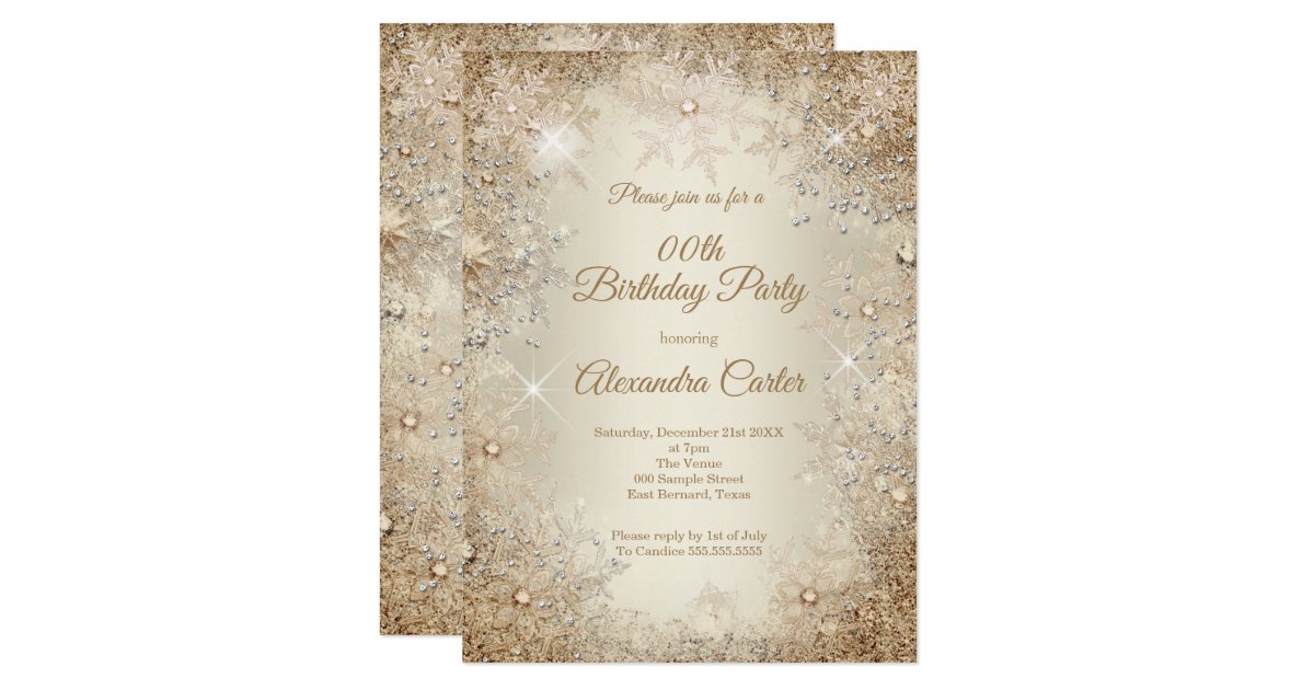 Winter Birthday Party Beige Cream Gold Snowflake Invitation