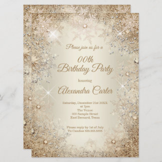 Winter Birthday Party Beige Cream Gold Snowflake Invitation