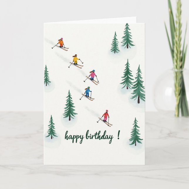 Winter Birthday Skiers Art Card (Front)