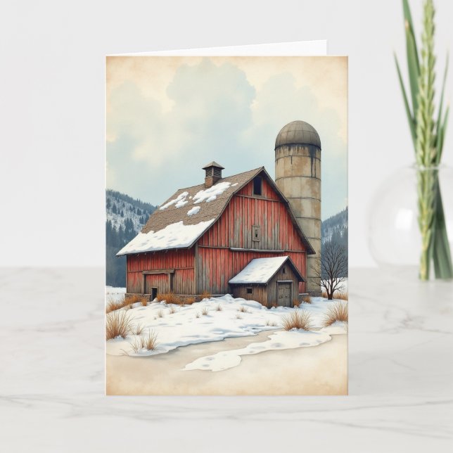 Winter Birthday Snowy Barn Card (Front)