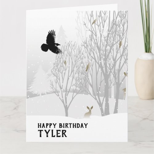 Winter Birthday Snowy Woodland Trees Snow Animals Card