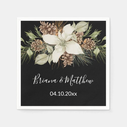 Winter Black and White Elegant Script Wedding Napkins