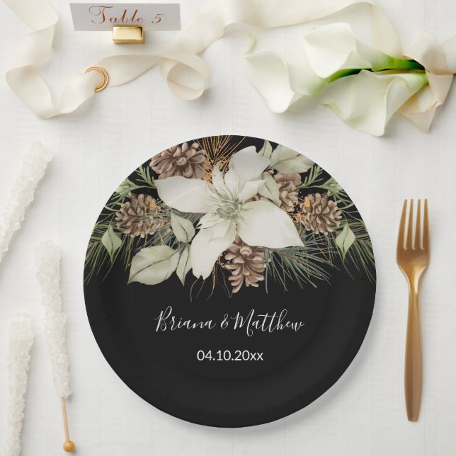 Winter Black and White Elegant Script Wedding Paper Plates (Wedding)