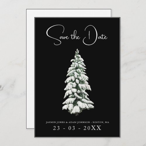 Winter Black and White Snowy Pine Tree Wedding Save The Date