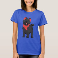 Winter Black Cairn Terrier Dog with Red Ear Muff T-Shirt