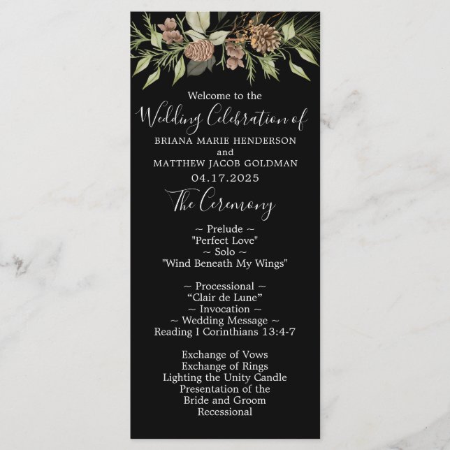 Winter Black Elegant Script Wedding Program (Front)