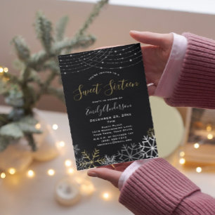Winter Black Gold Silver Snowflake Sweet 16 Invitation