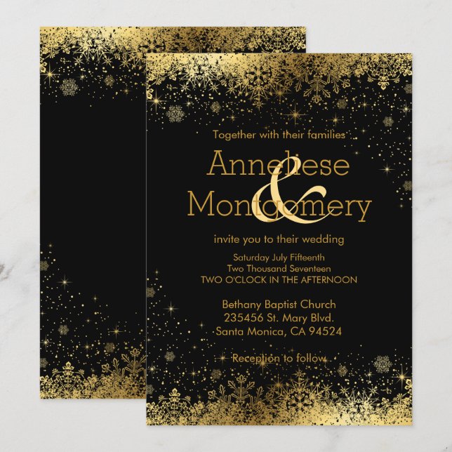Winter Black & Gold Snowflakes Wedding Invitation (Front/Back)