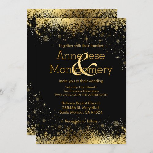 Winter Black  Gold Snowflakes Wedding Invitation