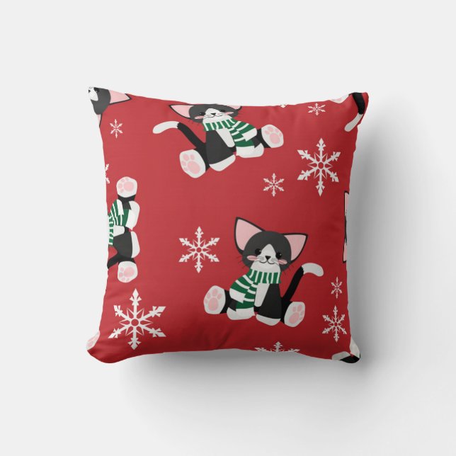 Winter Black Kitty Throw Pillow (Front)