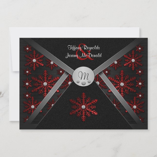 Winter Black & Red Snowflake Wedding Invitations (Front)