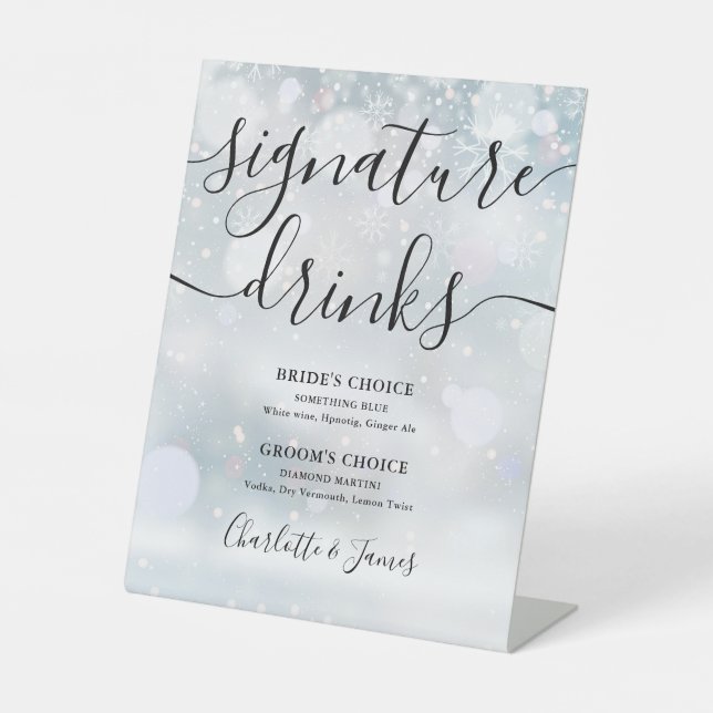 Winter Black Script Wedding Signature Drinks Pedestal Sign (Front)