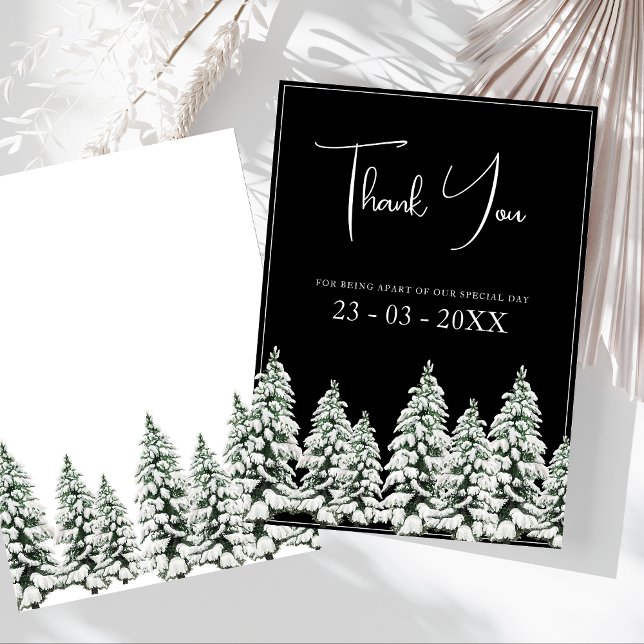 Winter Black Snow Christmas Trees Wedding Thank You Card (Winter Black and White Snowy Pine Trees Wedding Thank You Card)