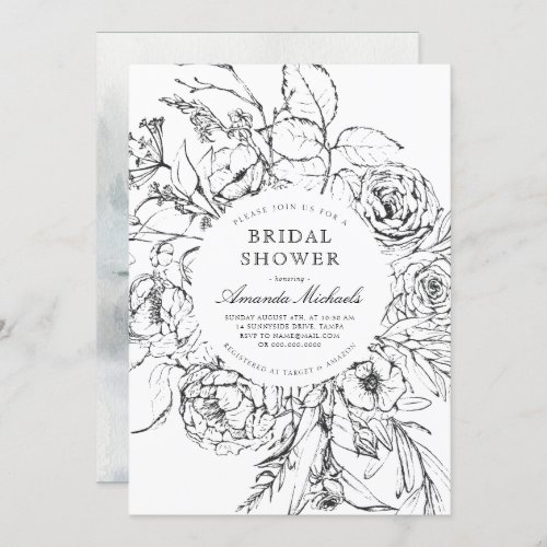 Winter Black White Minimalist Floral Bridal Shower Invitation
