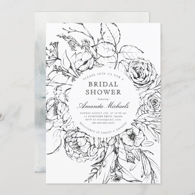 Winter Black White Minimalist Floral Bridal Shower Invitation (Front/Back)