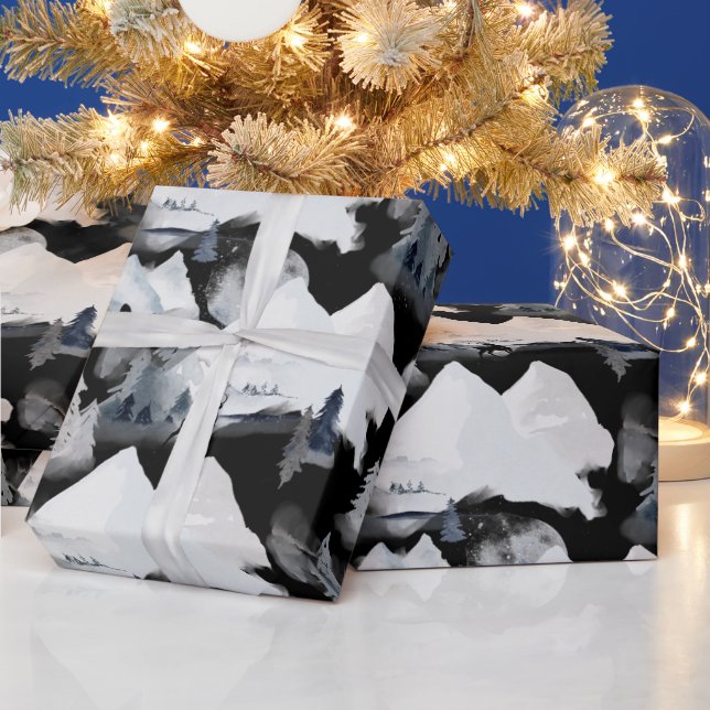 Winter Black White Mountain Deer Pine Watercolor Wrapping Paper (Holidays)