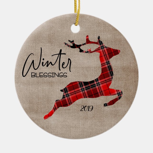 Winter Blessings Plaid Reindeer Ceramic Ornament (Front)
