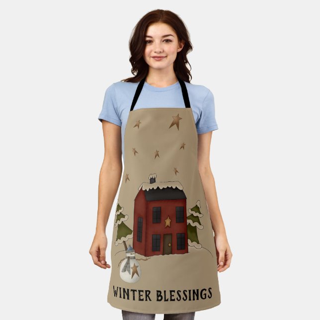 Winter Blessings - Primitive Colonial With Snowman Apron (Worn)